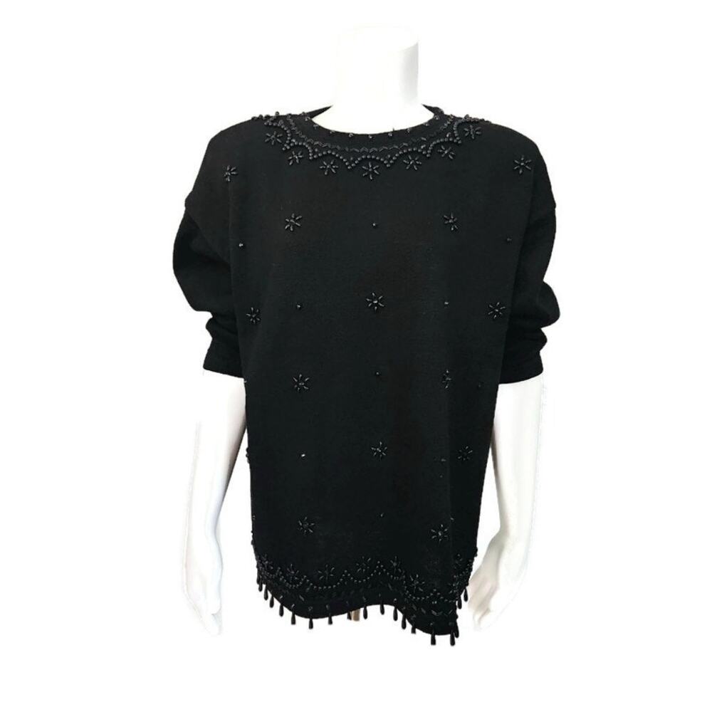 Victoria Jones Women's Black Beaded Tunic Sweater Large